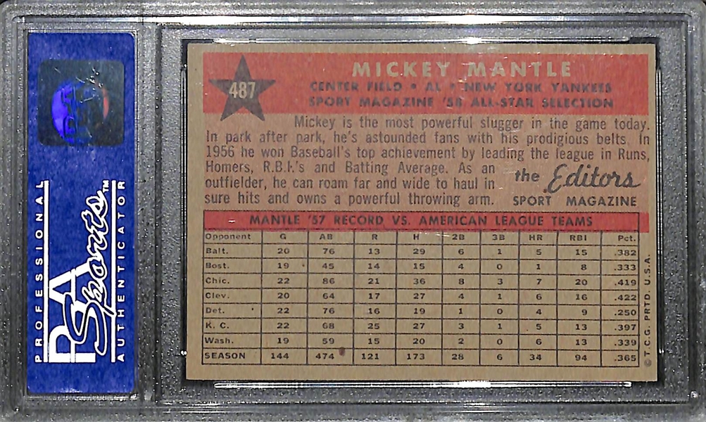 Pack-Fresh 1958 Topps Mickey Mantle All-Star #487 Graded PSA 8 (OC)