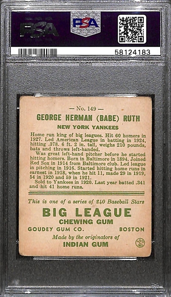 1933 Goudey Babe Ruth #149 Graded PSA 2