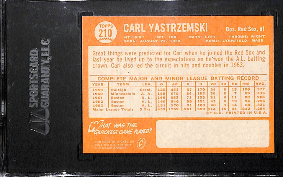 Pack Fresh 1964 Topps Carl Yastrzemski #210 Graded SGC 9 Mint (Rare High Grade Card)