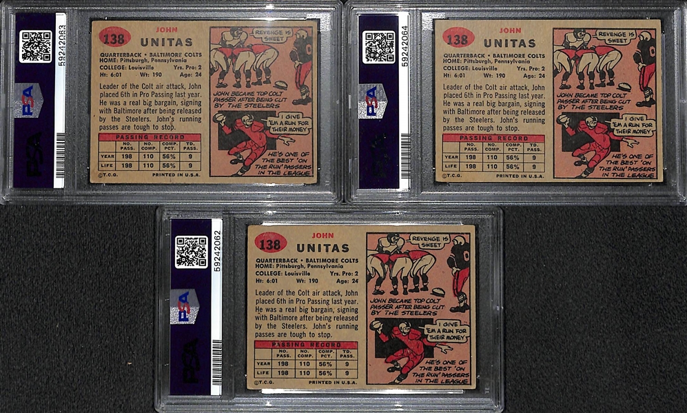 (3) Graded 1957 Topps Football Johnny Unitas #138 Rookie Cards (PSA 2.5, PSA 3, and PSA 3.5) 