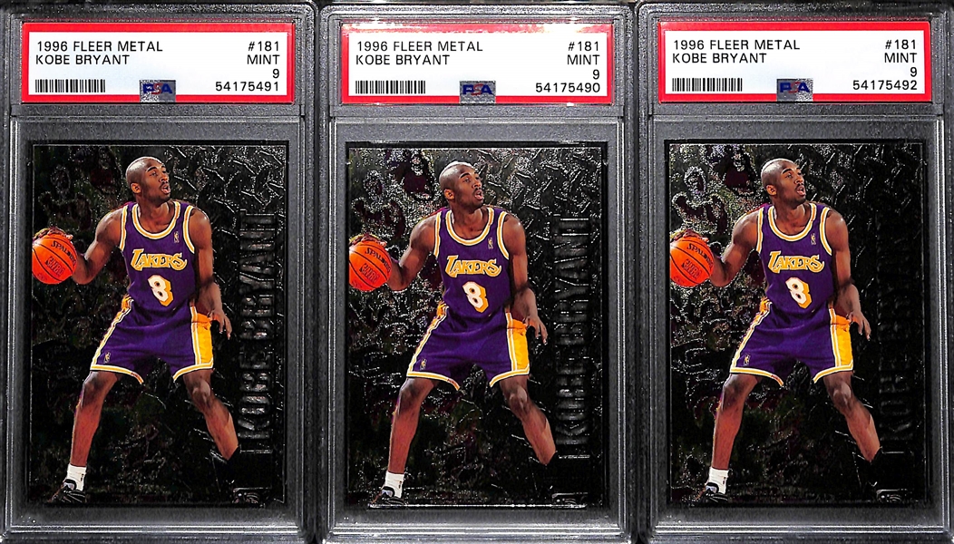 (3) 1996-97 Fleer Metal Kobe Bryant Rookie Cards - Each Graded PSA 9