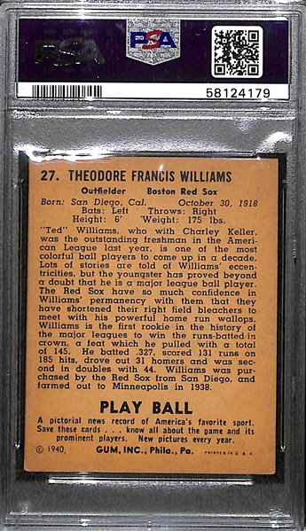 1940 Play Ball Ted Williams #27 (2nd Year Card) Graded PSA 4