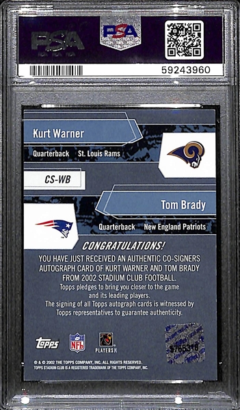 2002 Stadium Club Co-Signers Tom Brady & Kurt Warner Dual Autograph Graded PSA 8