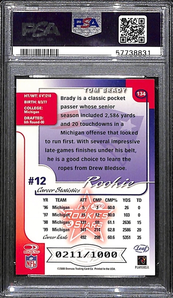 2000 Leaf Rookies & Stars Tom Brady #134 Rookie Card Graded PSA 8 NM-MT (#ed 211/1000)