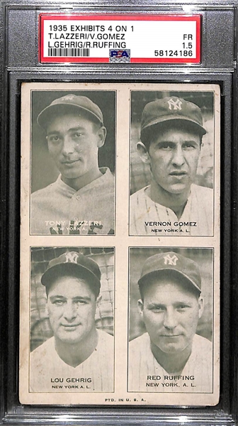 1935 Exhibits 4-on-1 Lou Gehrig, Tony Lazzeri, Lefty Gomez, Bill Dickey Graded PSA 1.5