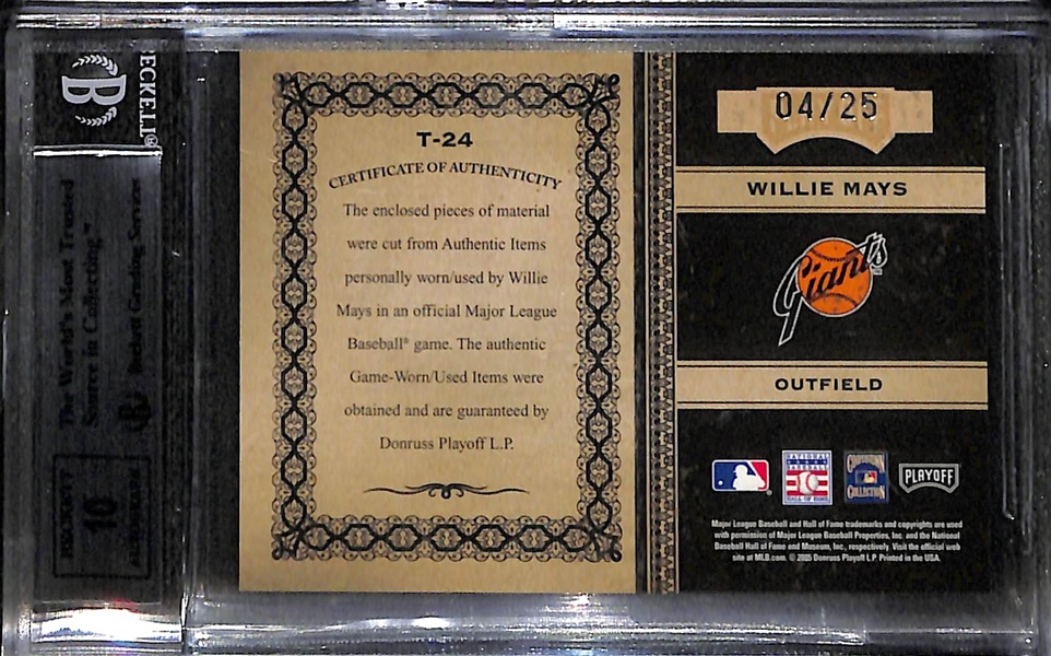 2005 Donruss Playoff Prime Cuts Willie Mays Autograph, Patch, Bat Card #4/25 Graded BGS 9 (w. 10 Auto Grade)