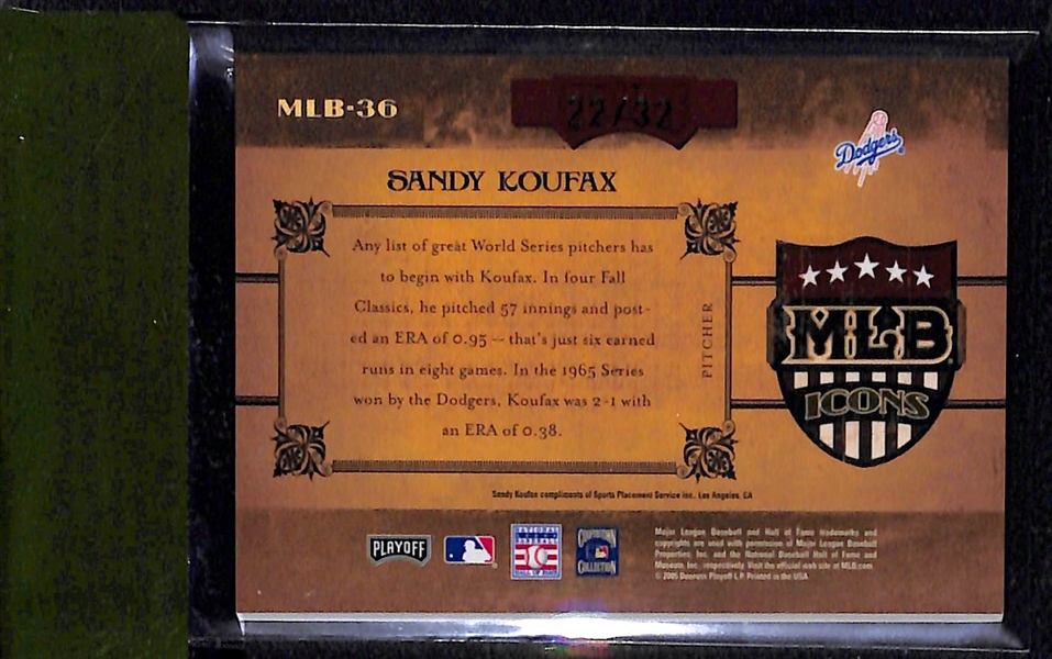2005 Donruss Playoff Prime Cuts Sandy Koufax Autograph Card #22/32 Beckett Raw Graded BGS 9.5 (w. 10 Auto Grade)