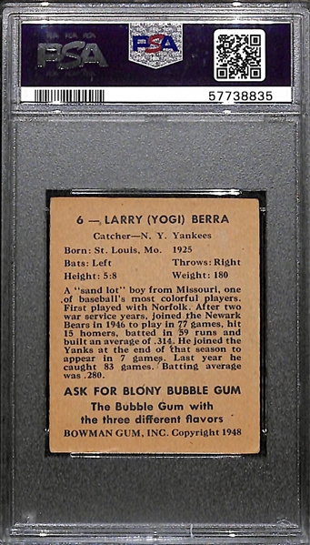 1948 Bowman Yogi Berra #6 Rookie Card Graded PSA 2 GD