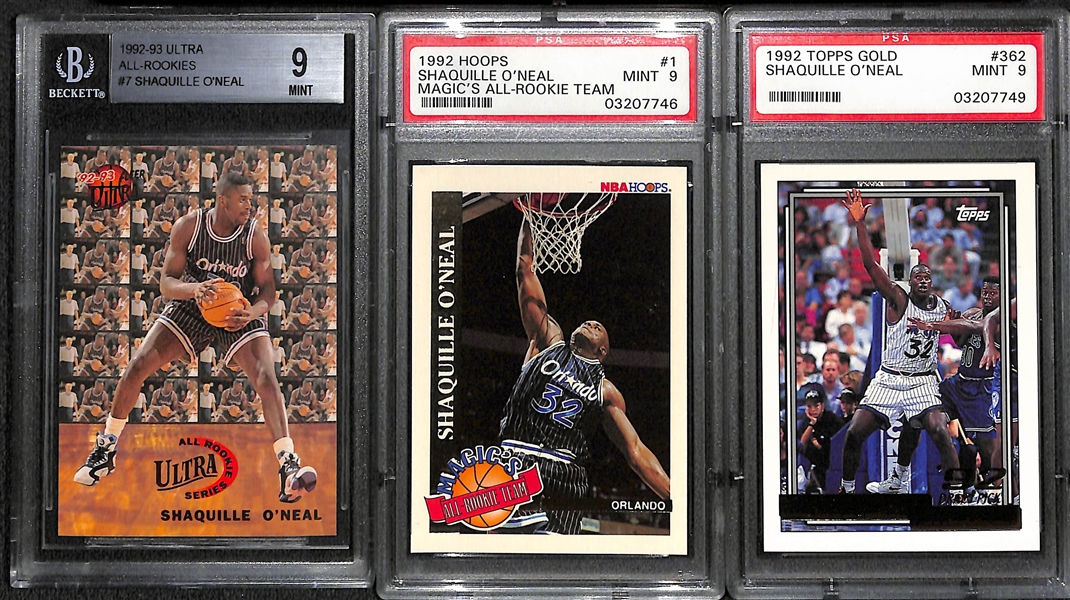 Lot of (3) Shaquille O'Neal Graded Mint Rookie Cards Featuring Topps Gold PSA 9