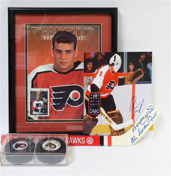 Hockey Autograph Lot (Bobby Hull Signed Mini Hockey Stick, B. Parent Signed Puck and Photo, E. Lindros Signed Puck & Magazine) - JSA Auction Letter