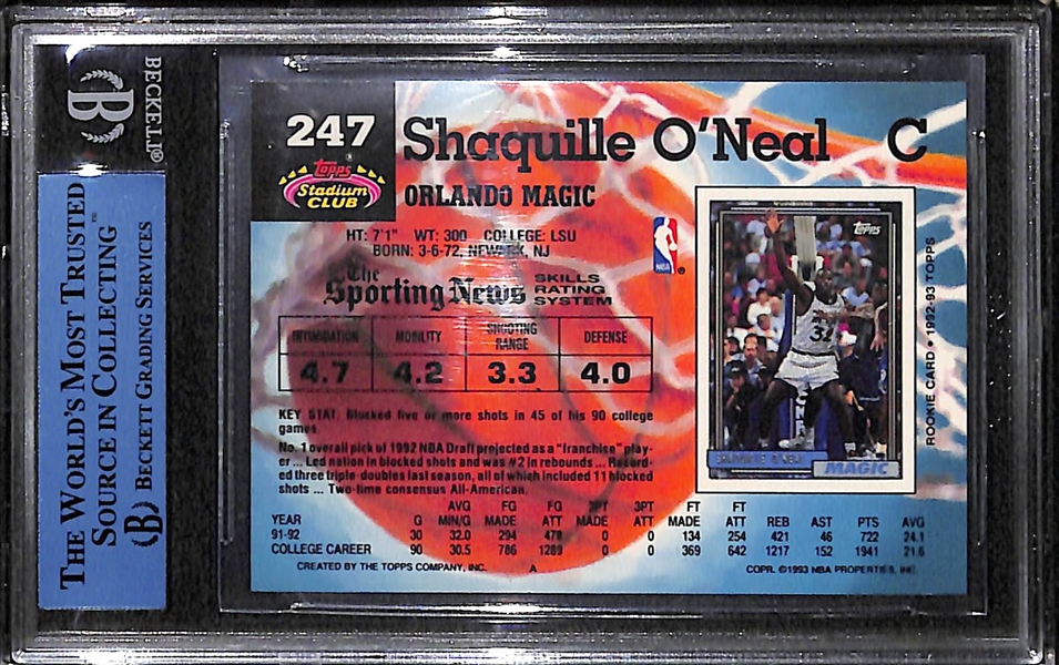 1992-93 Topps Stadium Club Shaquille O'Neal Error Rookie Card (Missing Gold Foil) #247 Graded BGS Authentic
