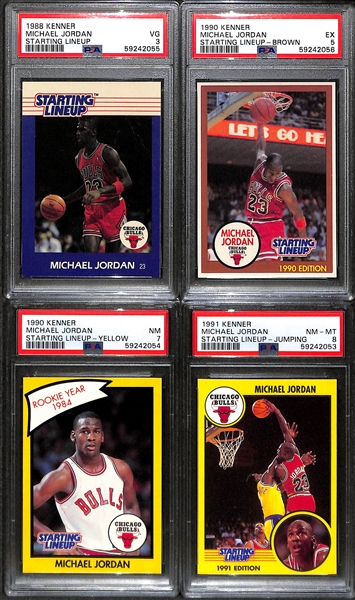 (4) Michael Jordan Starting Lineup Cards - 1988 (PSA 3), 1990 Brown (PSA 5), 1990 Yellow (PSA 7), 1991 Jumping (PSA 8)