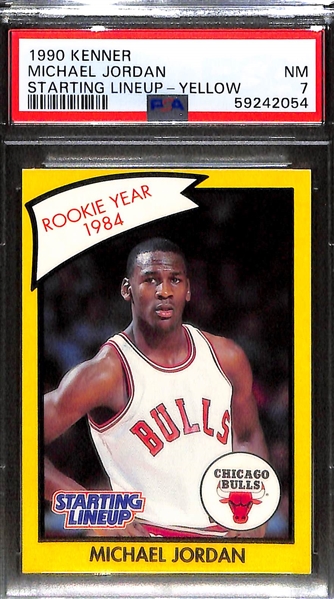 (4) Michael Jordan Starting Lineup Cards - 1988 (PSA 3), 1990 Brown (PSA 5), 1990 Yellow (PSA 7), 1991 Jumping (PSA 8)
