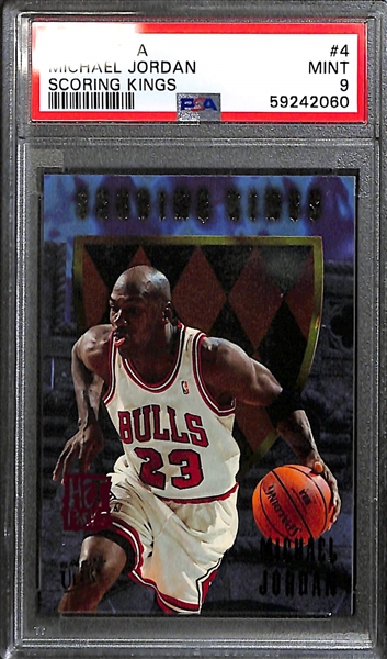 (4) Michael Jordan Cards - 1995 Ultra Scoring Kings #4 (PSA 9), 1995 Metal Silver Spotlight (PSA 8.5), 1995 Metal #212 (PSA 8), 1995 Hoops Hot List (PSA 7)
