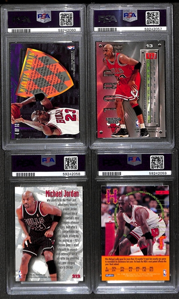 (4) Michael Jordan Cards - 1995 Ultra Scoring Kings #4 (PSA 9), 1995 Metal Silver Spotlight (PSA 8.5), 1995 Metal #212 (PSA 8), 1995 Hoops Hot List (PSA 7)