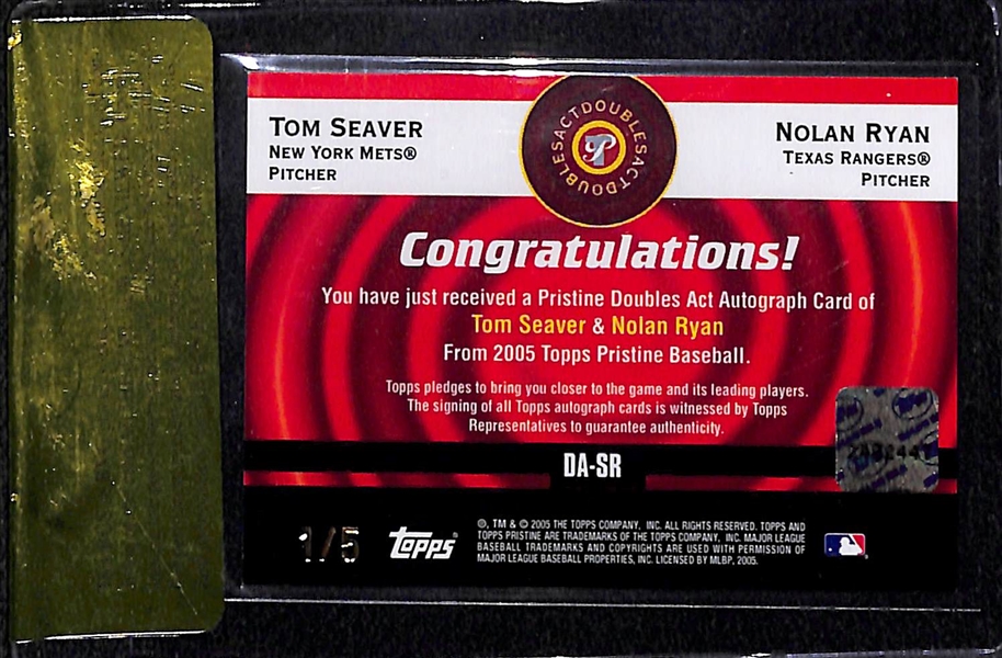 2005 Topps Pristine Doubles Act Nolan Ryan and Tom Seaver Dual Autograph Card #ed 1/5 BGS Raw Grade 9.5 (10 Auto Grade)