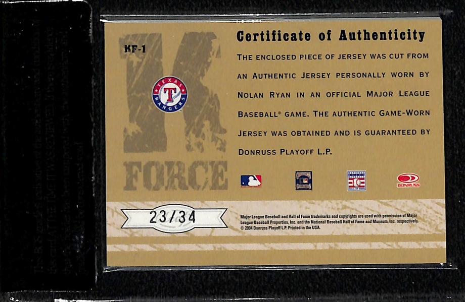 2004 Leaf Certified K-Force Nolan Ryan Autograph Relic Card #ed 23/34 BGS Raw Grade 9 (10 Auto Grade)