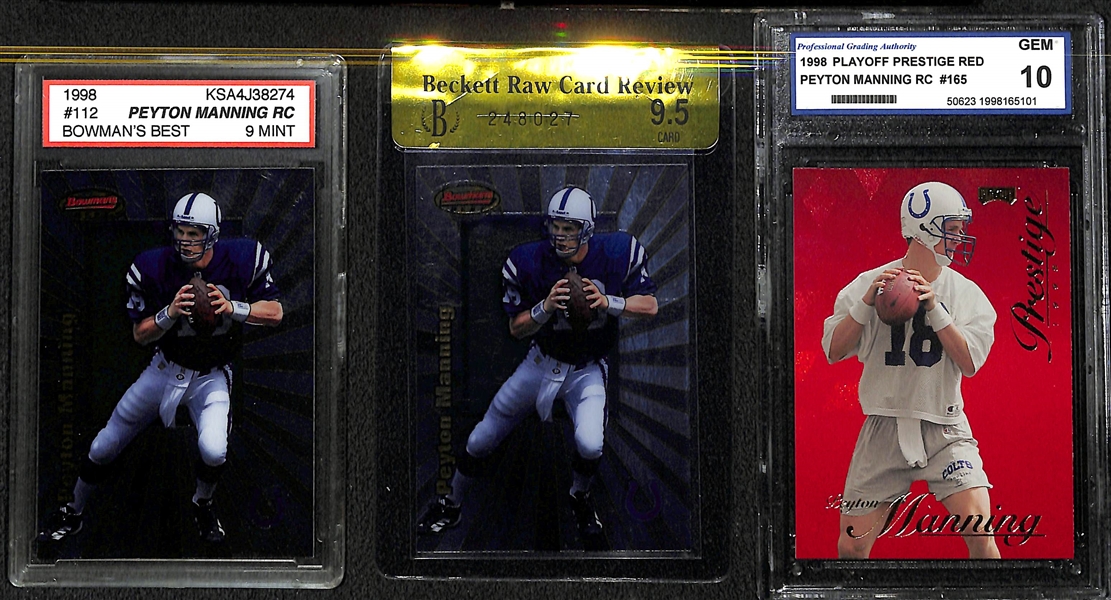 Lot of (3) 1998 Peyton Manning Rookie Cards - 2 Bowman's Best (BGS Raw Grade 9.5 and KSA 9), Playoff Prestige Red PGA 10