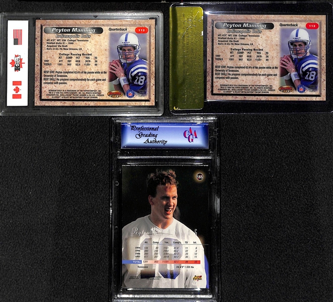 Lot of (3) 1998 Peyton Manning Rookie Cards - 2 Bowman's Best (BGS Raw Grade 9.5 and KSA 9), Playoff Prestige Red PGA 10