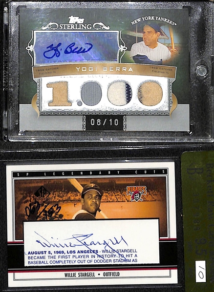 2007 Topps Sterling Yogi Berra Autographed Quad Patch (#8/10) & 2003 SP Legendary Cuts Willie Stargell Cut Autograph Card #ed /153 (BGS 9.5 Raw Grade)