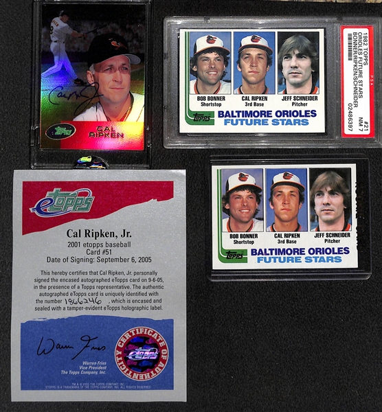 Lot of (3) Cal Ripken Cards - 2001 eTopps Autograph Card (Only 99 Made), and (2) 1981 Topps Rookies (PSA 7 and Non-Graded)
