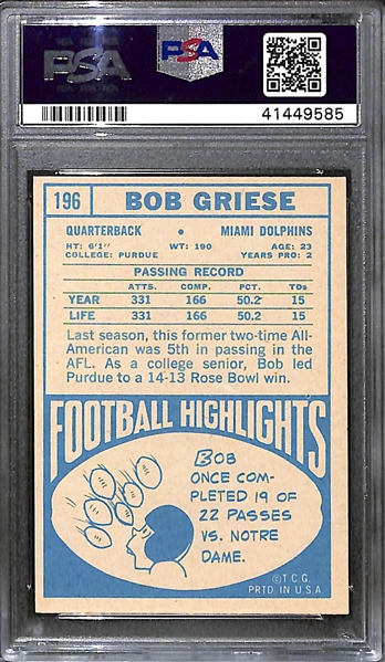 1968 Topps Bob Griese Rookie Card Graded PSA 7