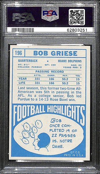 1968 Topps Bob Griese Rookie Card #196 Graded PSA 8