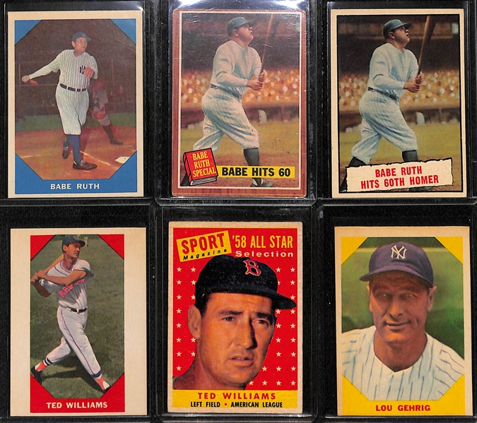 Lot of (7) 1950s & 1960s Baseball Stars Including Babe Ruth, Ted Williams, and Lou Gehrig