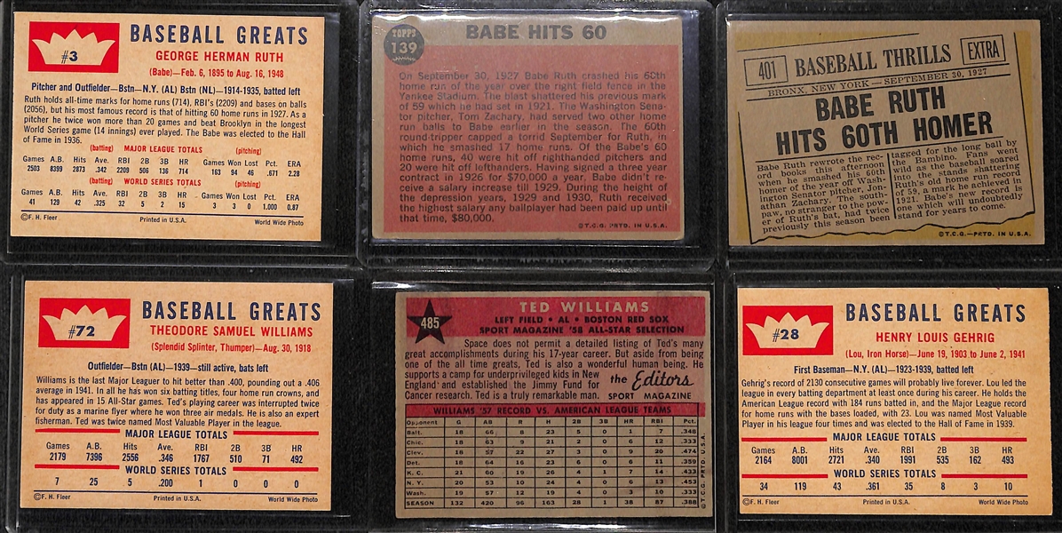 Lot of (7) 1950s & 1960s Baseball Stars Including Babe Ruth, Ted Williams, and Lou Gehrig