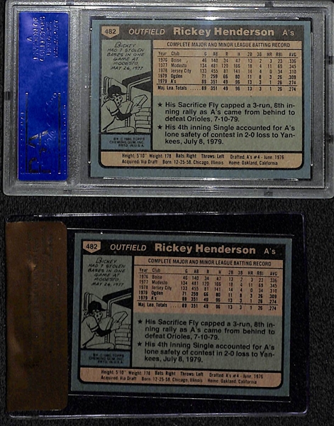 (2) 1980 Topps Rickey Henderson Rookie Cards Graded PSA 7 and Beckett Raw Card Review 8