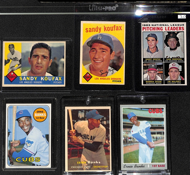 Lot of (6) Vintage 1950s/60s/70s Sandy Koufax and Ernie Banks Baseball Cards