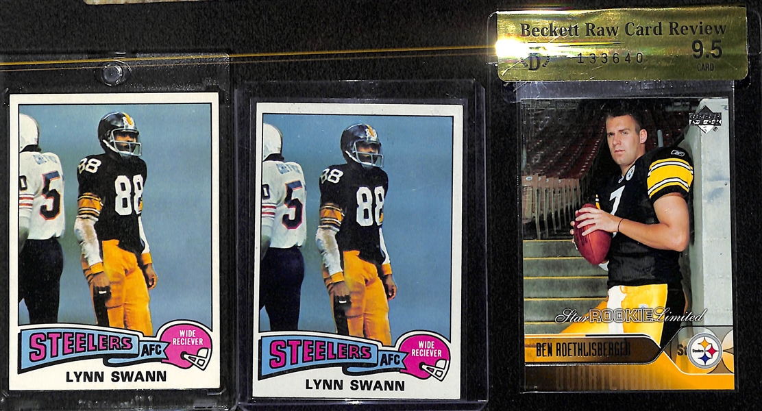 (3) Pittsburgh Steelers Rookies w/ (2) 1975 Lynn Swann and 2004 Upper Deck Ben Roethlisberger Beckett RCR 9.5
