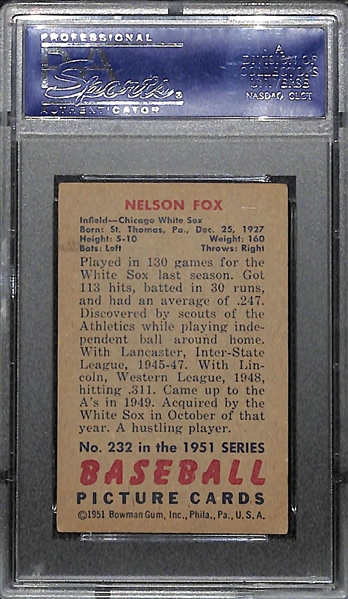 1951 Bowman Nelson Nellie Fox Rookie Card #232 Graded PSA 4 VG-EX