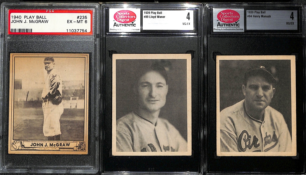 Lot of (3) 1939 and 1940 Play Ball Baseball Cards Featuring John J. McGraw Graded PSA 6 EX-MT