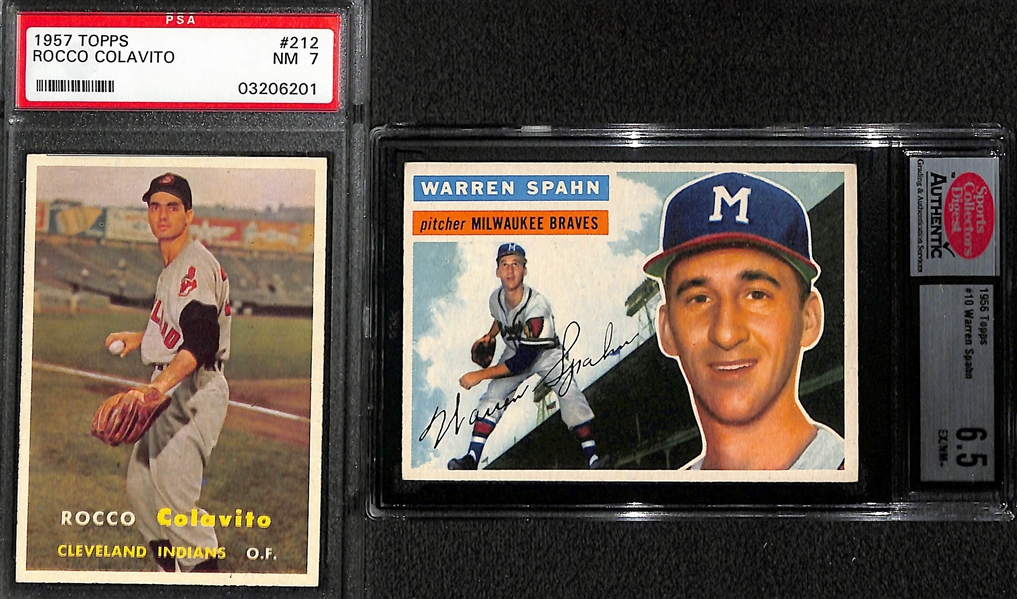 Lot of (8) Mostly 1950s Baseball and Football Cards Inc. 1957 Colavito Graded PSA 7, Spahn, Gifford, Clemente 