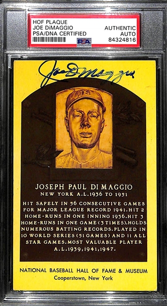 Joe DiMaggio Signed Yellow Hall of Fame Plaque Postcard - PSA/DNA Encased