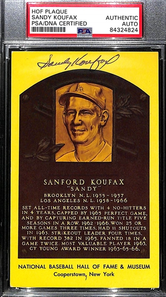 Sandy Koufax Signed Yellow Hall of Fame Plaque Postcard - PSA/DNA Encased