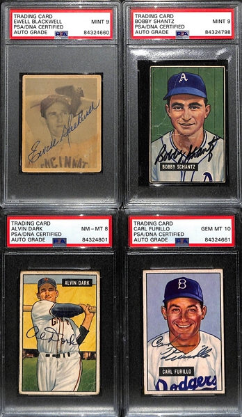 Bowman Autograph Card Lot (4) w. 1948 Blackwell Rookie, 1951 Shantz, 1951 Dark, 1951 Furillo (PSA/DNA Encased)