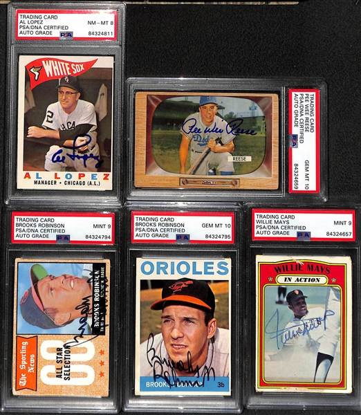 (5) Signed Vintage HOFer Baseball Cards - 1960 Lopez,  1955 Reese, 1964 & 1968 B. Robinson, 1972 Mays