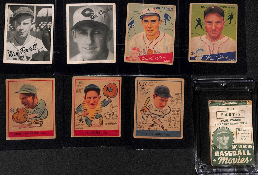 1934-1938 Goudey Baseball Lot w. Ferrell, Cuyler, Lombardi, Lopez, P. Waner, York, Weiland, B.Brown