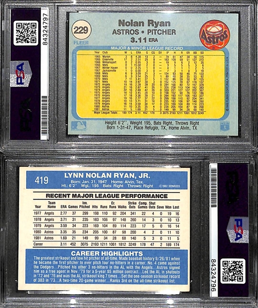 Lot of (2) Nolan Ryan Signed Baseball Cards (1982 Fleer & 1982 Donruss) PSA/DNA Encased w. PSA 9 Auto Grades