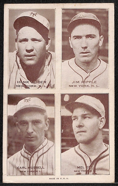 Lot of (2) 1938 Four-On-One Exhibit Cards Featuring Ott, Hubbell and Dizzy Dean
