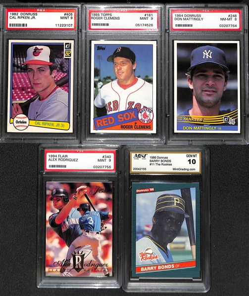 Lot of (5) Baseball High Grade Rookies Inc. Ripken, Clemens, Mattingly, Rodriguez, Bonds