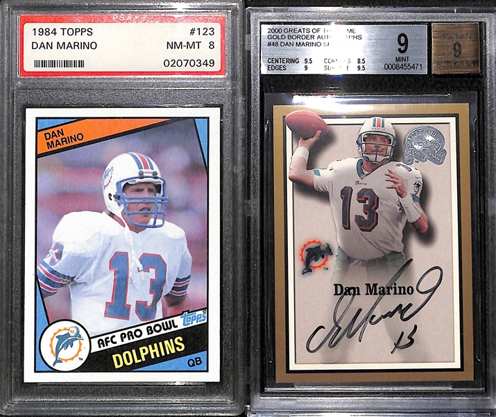 Dan Marino Graded Card Lot - 1984 Topps Rookie (PSA 8) and 2000 Greats of the Game Autograph (BGS 9, w. 9 Auto Grade)
