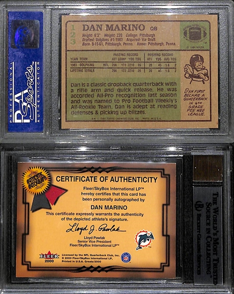 Dan Marino Graded Card Lot - 1984 Topps Rookie (PSA 8) and 2000 Greats of the Game Autograph (BGS 9, w. 9 Auto Grade)