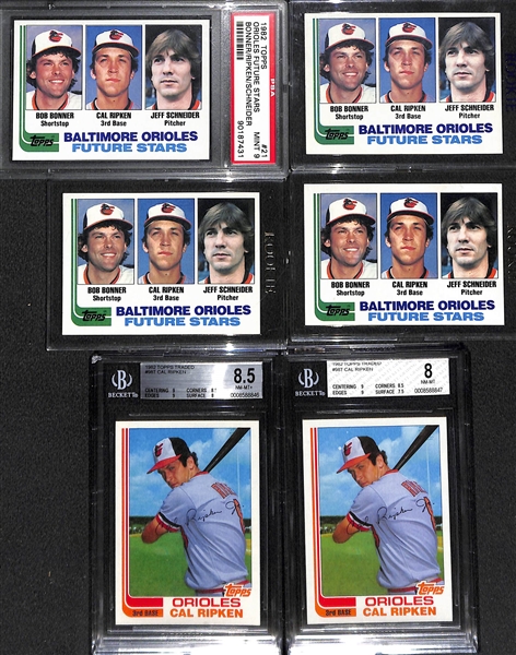 Lot of (6) Graded and Ungraded Topps and Topps Traded Cal Ripken Jr. Rookie Cards