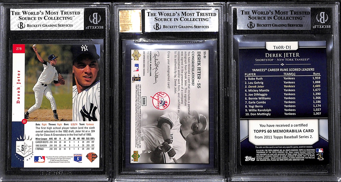 (3) Derek Jeter Cards w. BGS 6 1993 SP Rookie Card, 2007 Upper Deck Autograph (BGS 9), and BGS 8.5 Relic Card