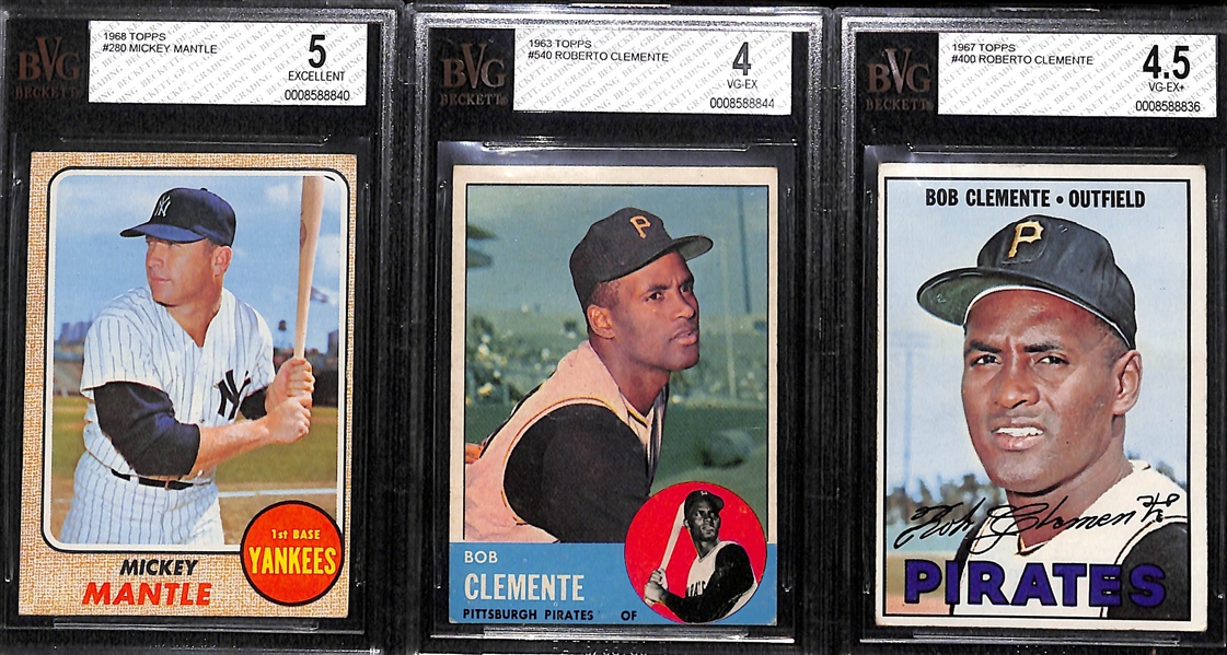 Lot of (3) 1960s BGS Graded HOF Lot with Mickey Mantle and Roberto Clemente