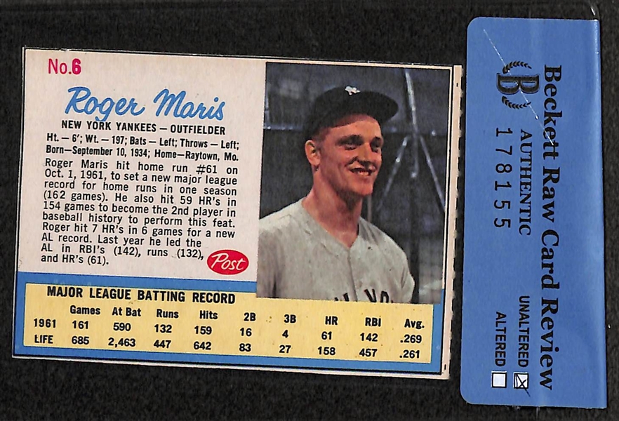  Lot of (5) 1962 Post Star Cards w. Roger Maris Ad Card - Beckett Authentic