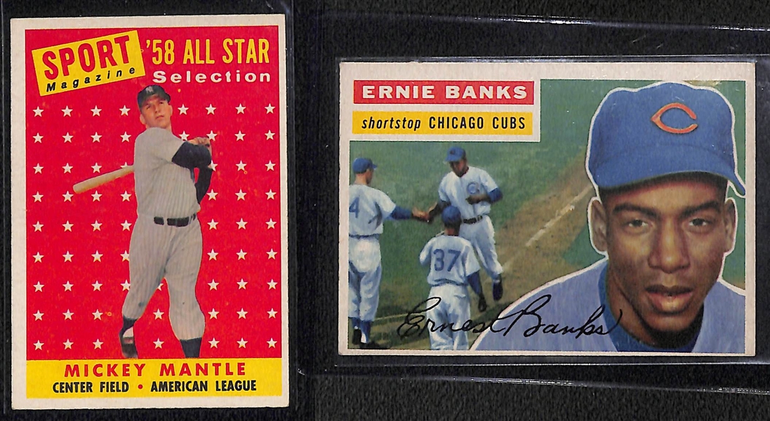 (6) Mostly 1950s Baseball Cards Featuring Mickey Mantle and Ernie Banks